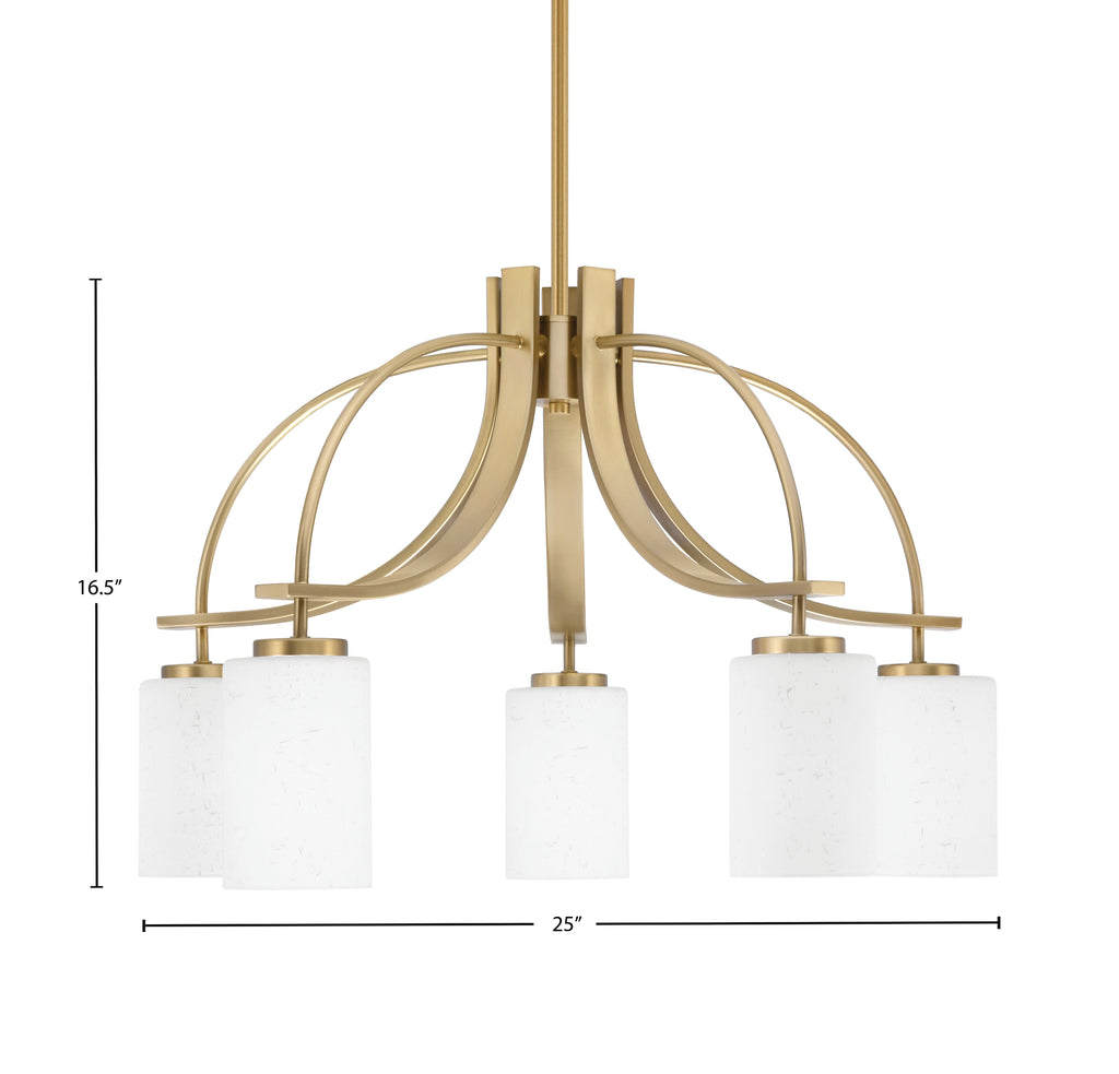 Cavella Five Light Chandelier in New Age Brass with 4" White Muslin Shade
