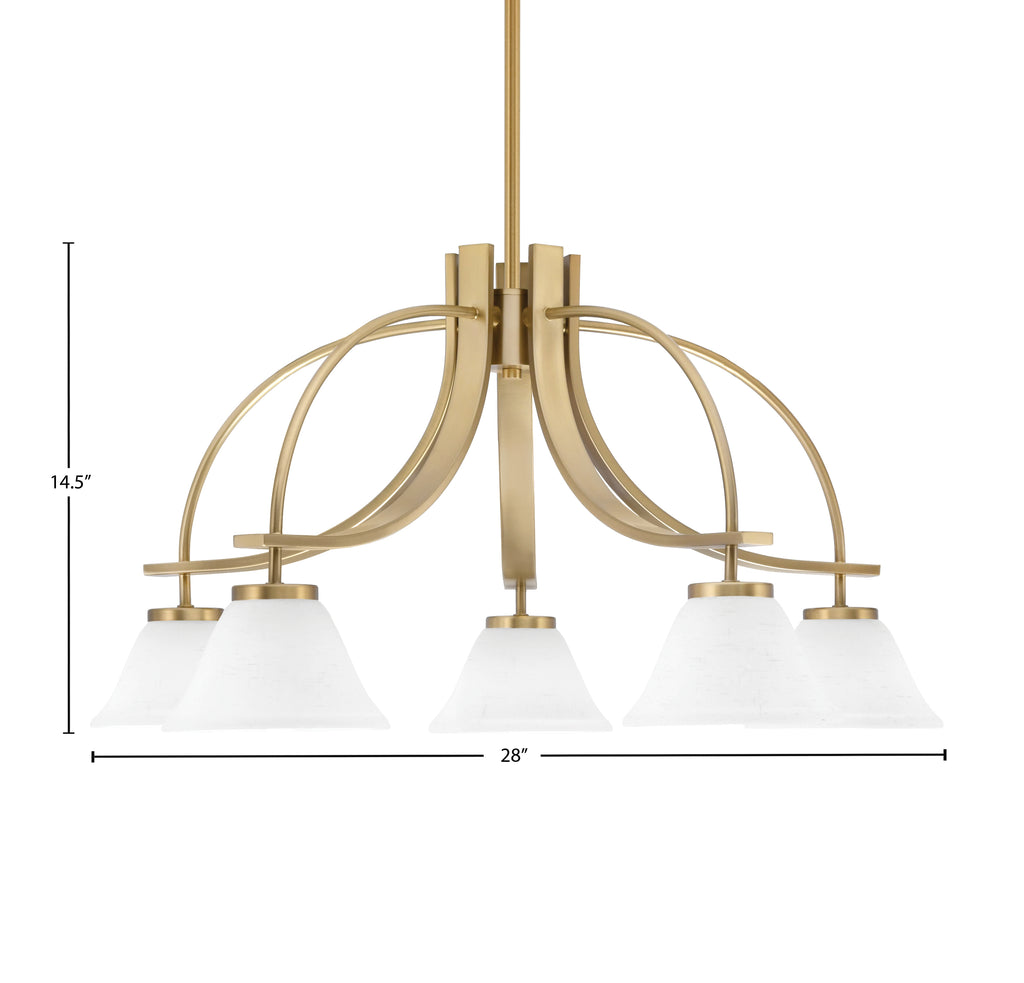 Cavella Five Light Chandelier in New Age Brass with 7" White Muslin Shade