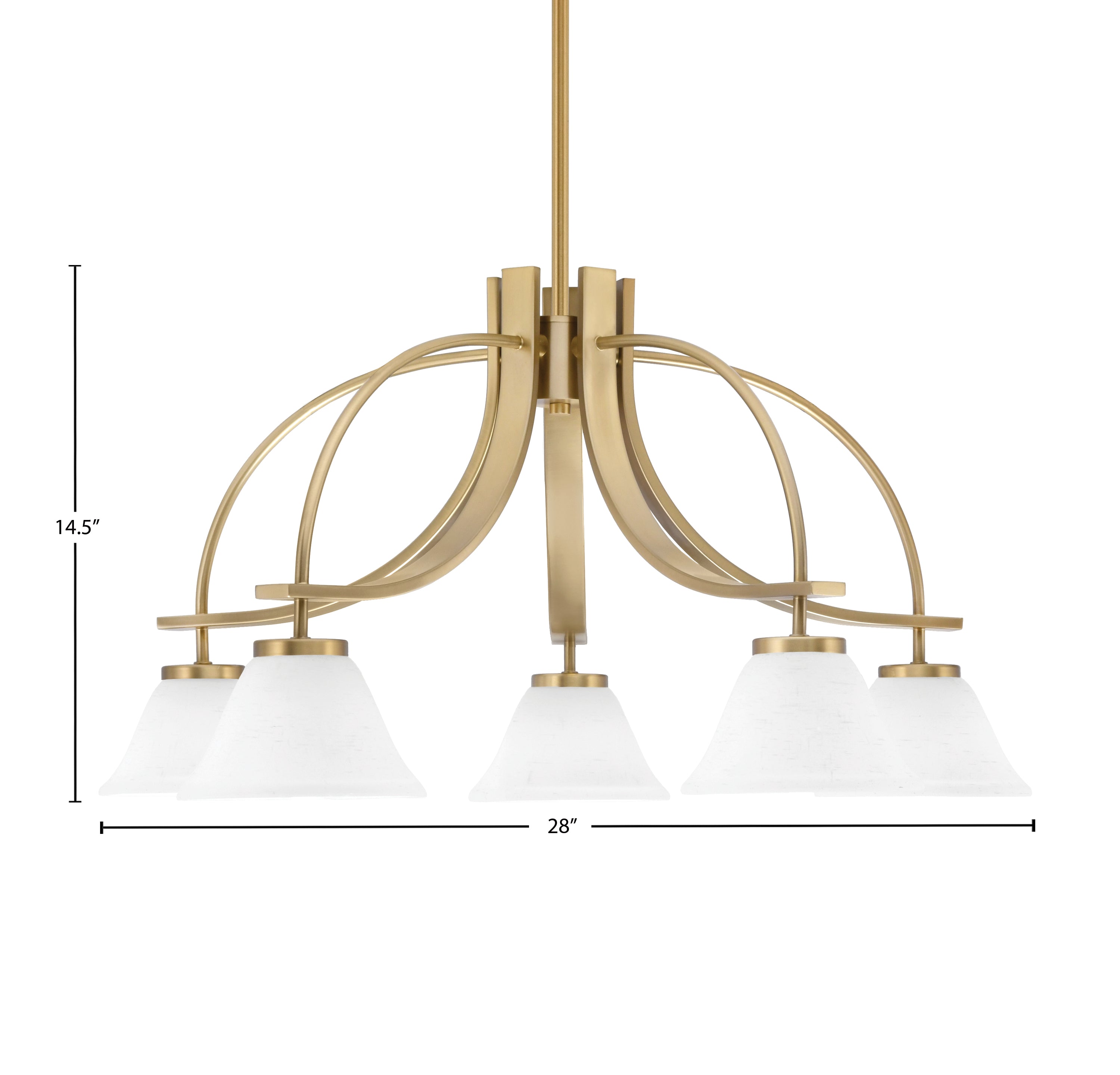 Cavella Five Light Chandelier in New Age Brass with 7" White Muslin Shade