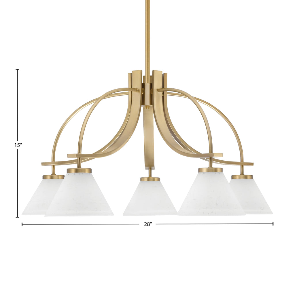 Cavella Five Light Chandelier in New Age Brass with 7" White Muslin Shade