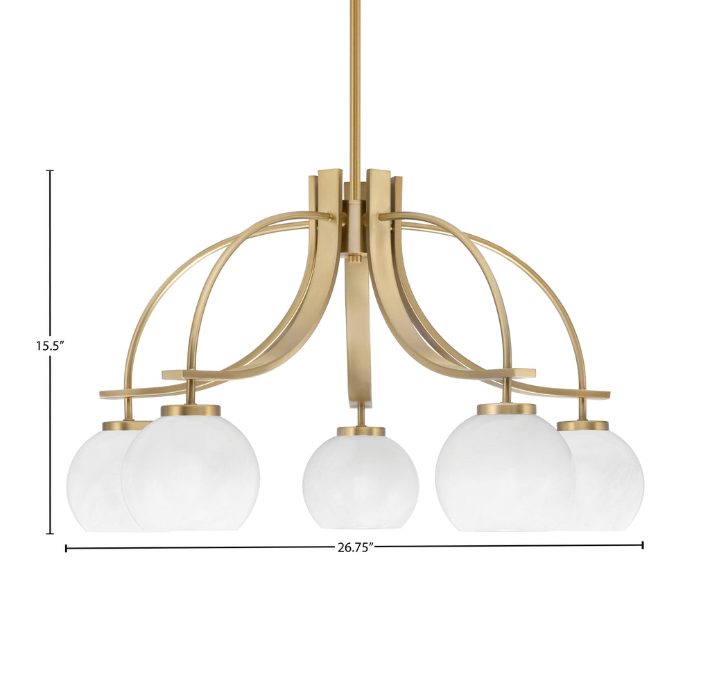 Cavella Five Light Chandelier in New Age Brass with 5.75" White Marble Shade