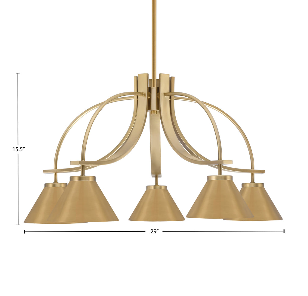 Cavella Five Light Chandelier in New Age Brass with 7" New Age Brass Cone Metal Shades Shade