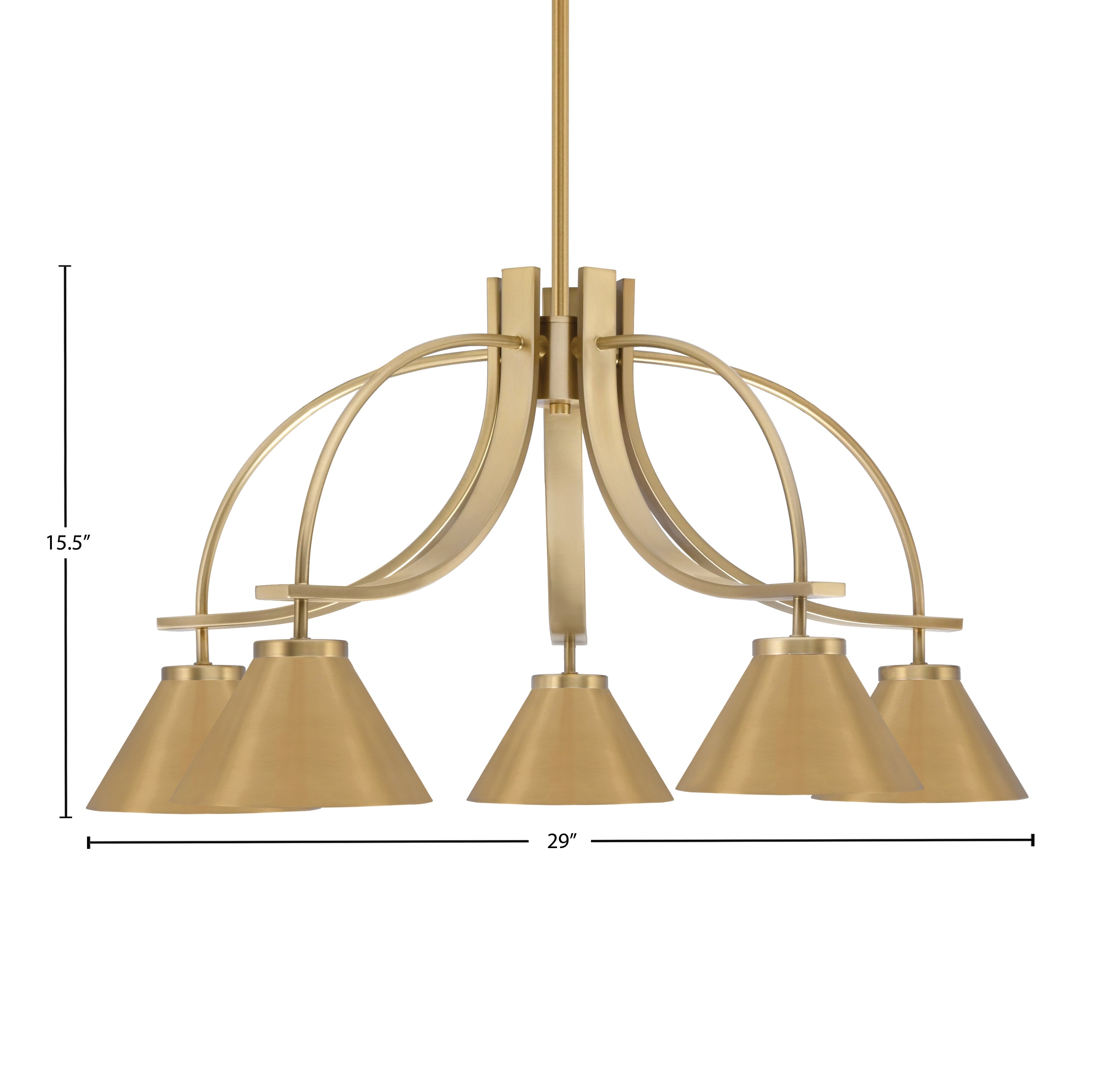 Cavella Five Light Chandelier in New Age Brass with 7" New Age Brass Cone Metal Shades Shade