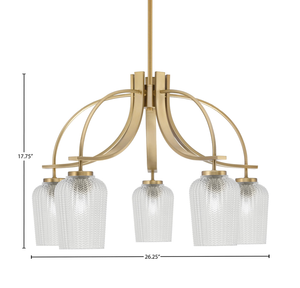 Cavella Five Light Chandelier in New Age Brass with 5.75" Clear Textured Shade