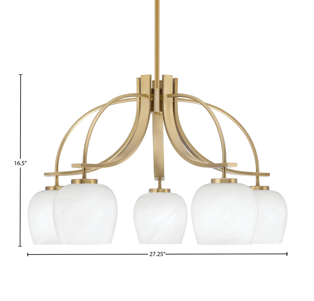Cavella Five Light Chandelier in New Age Brass with 6" White Marble Shade