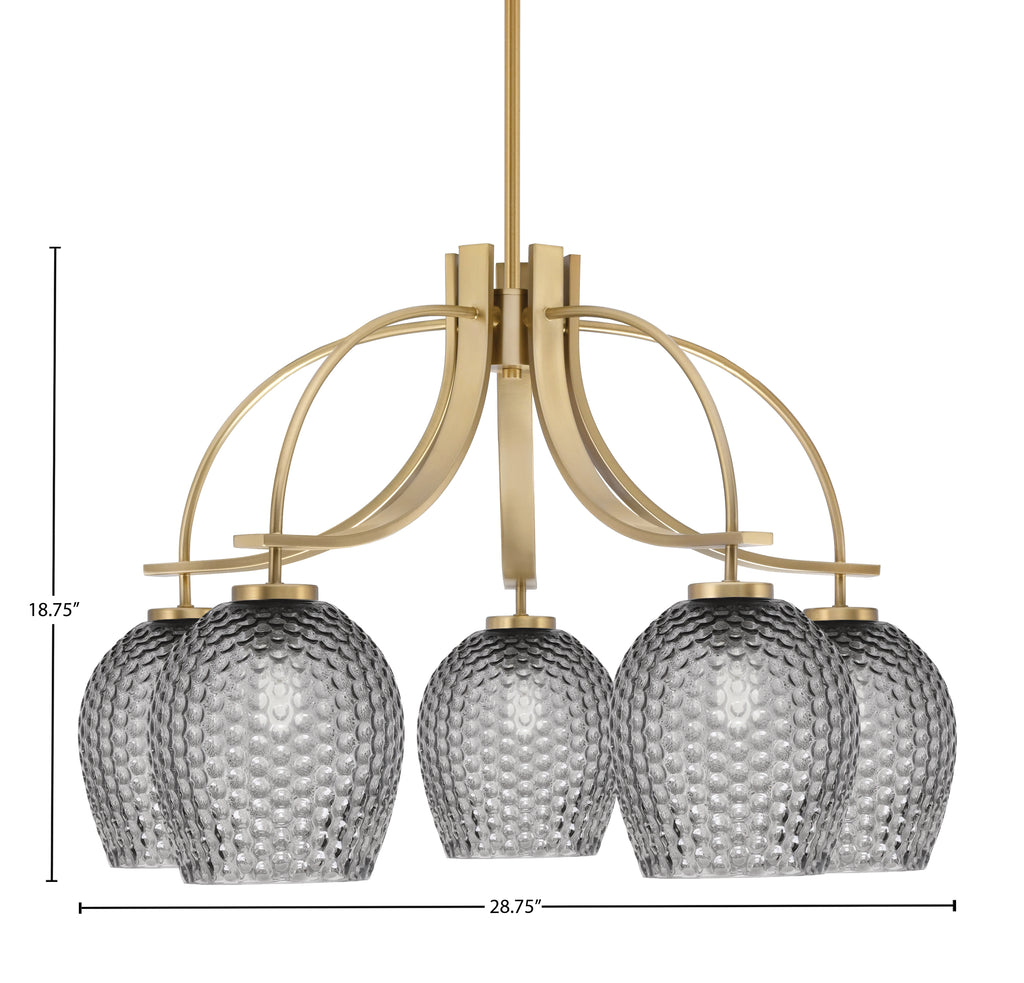 Cavella Five Light Chandelier in New Age Brass with 7.5" Smoke Textured Shade