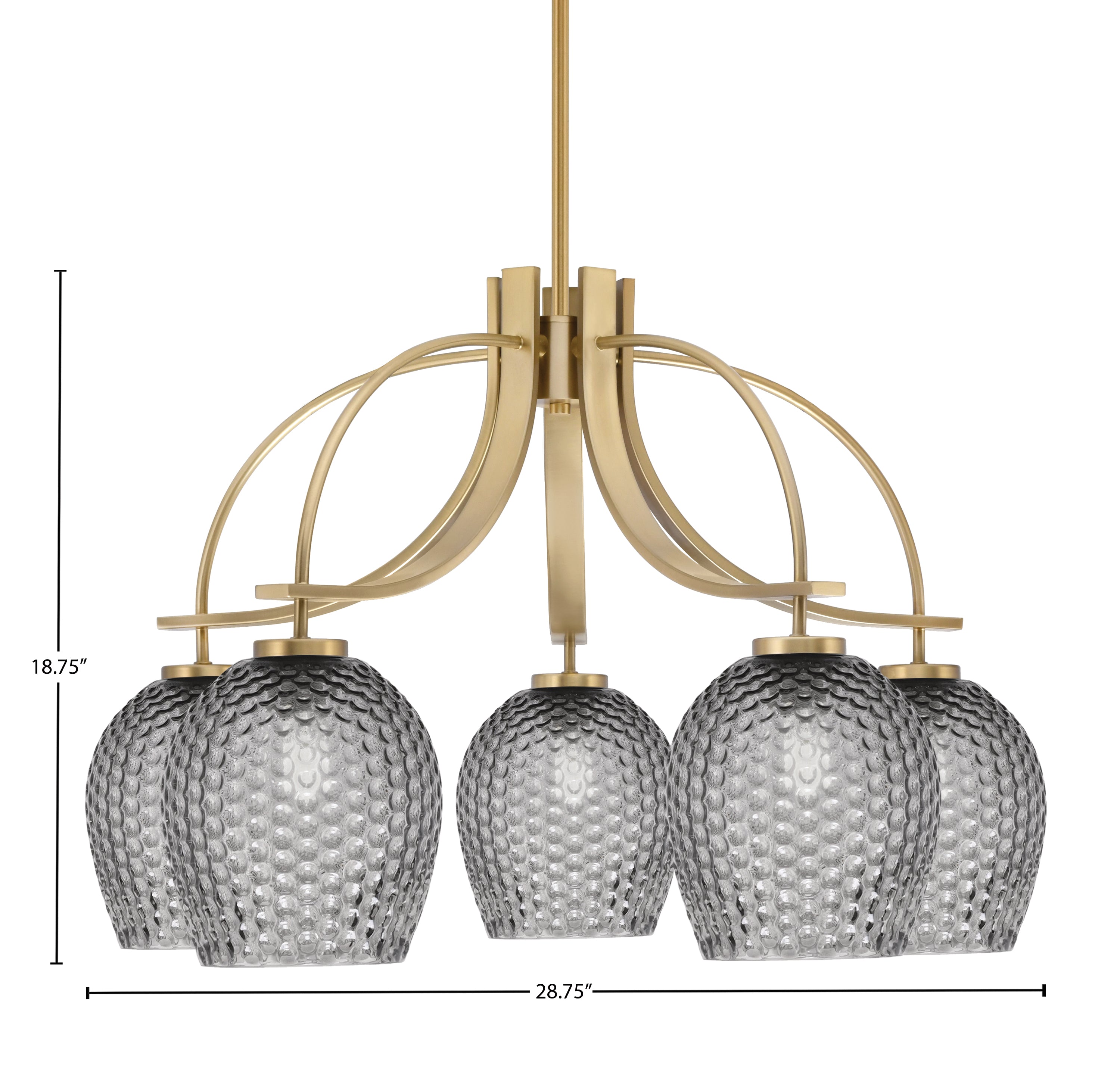Cavella Five Light Chandelier in New Age Brass with 7.5" Smoke Textured Shade