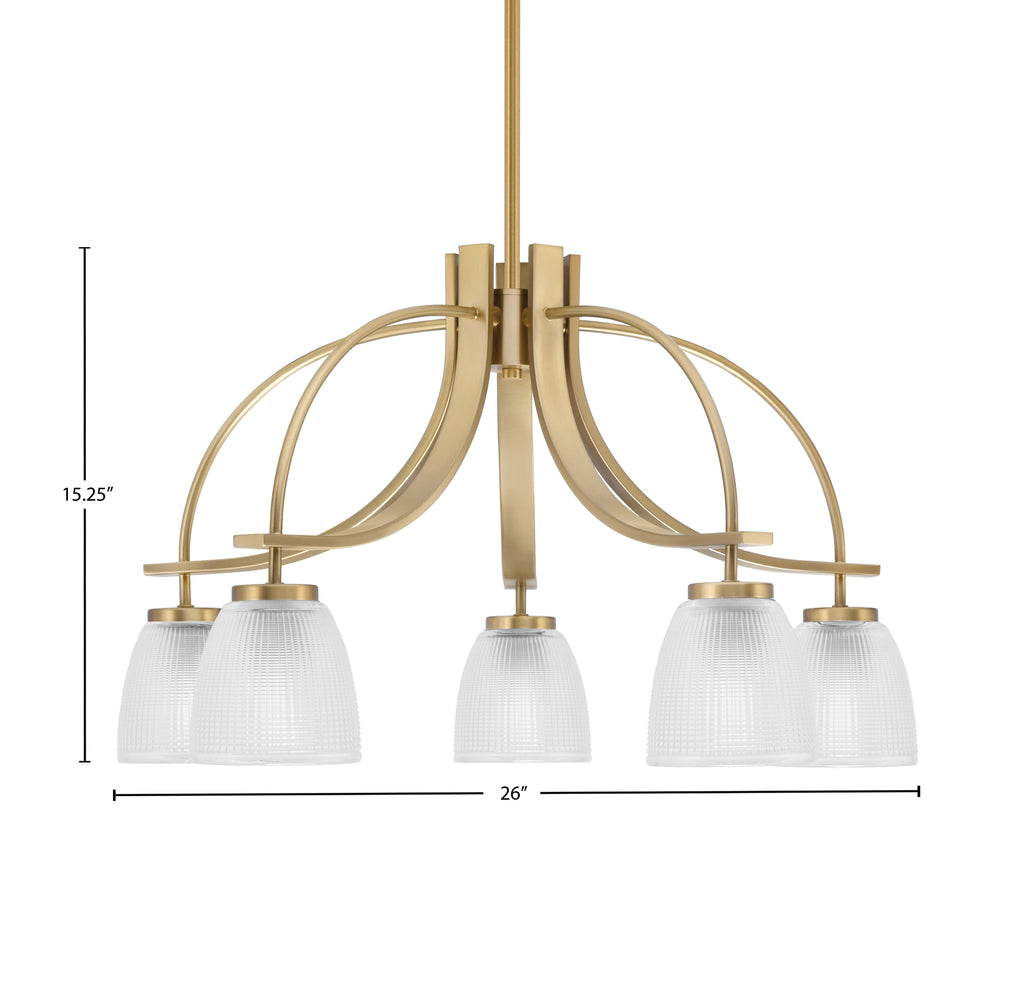 Cavella Five Light Chandelier in New Age Brass with 5" Clear Ribbed Shade