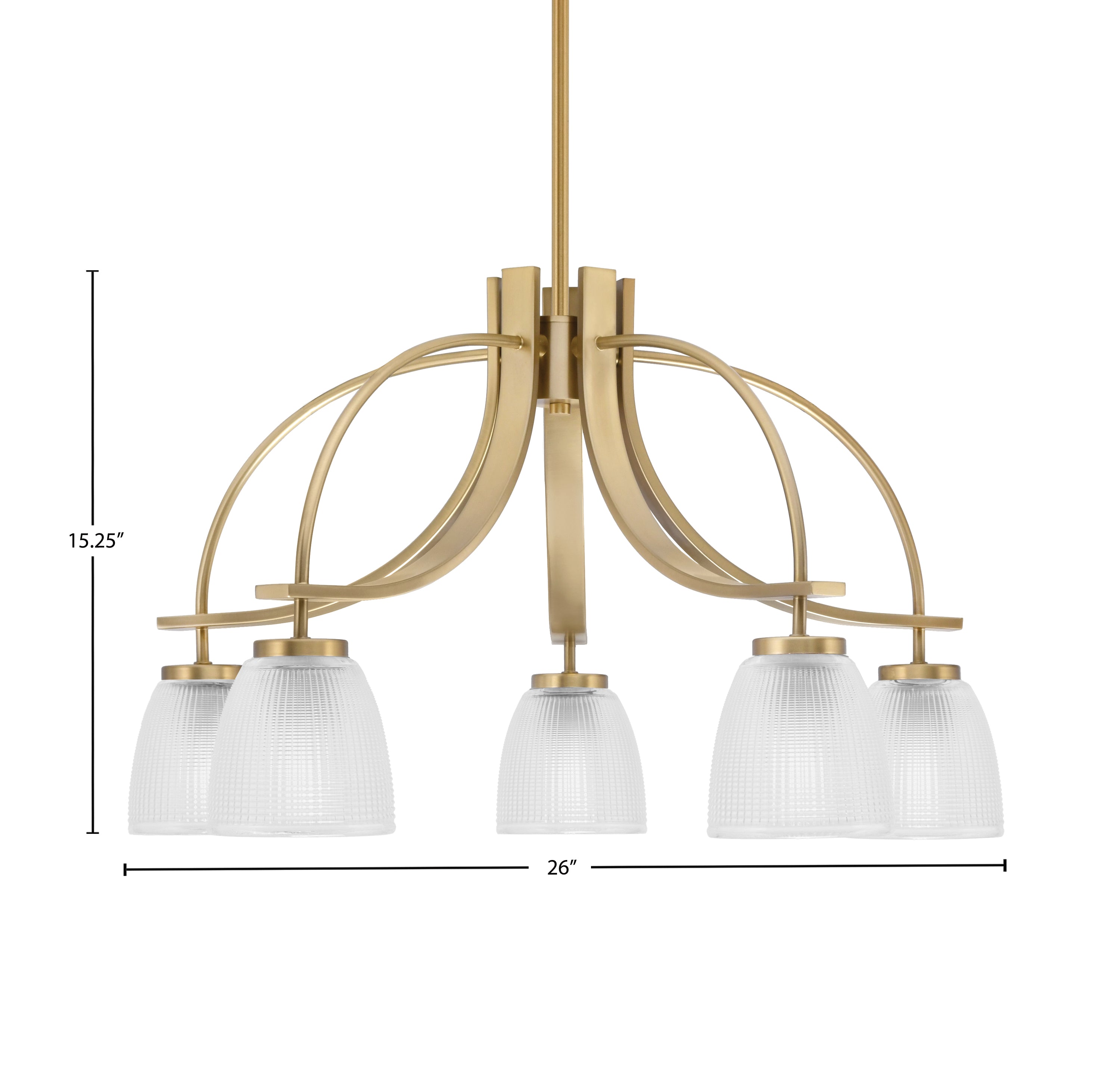 Cavella Five Light Chandelier in New Age Brass with 5" Clear Ribbed Shade