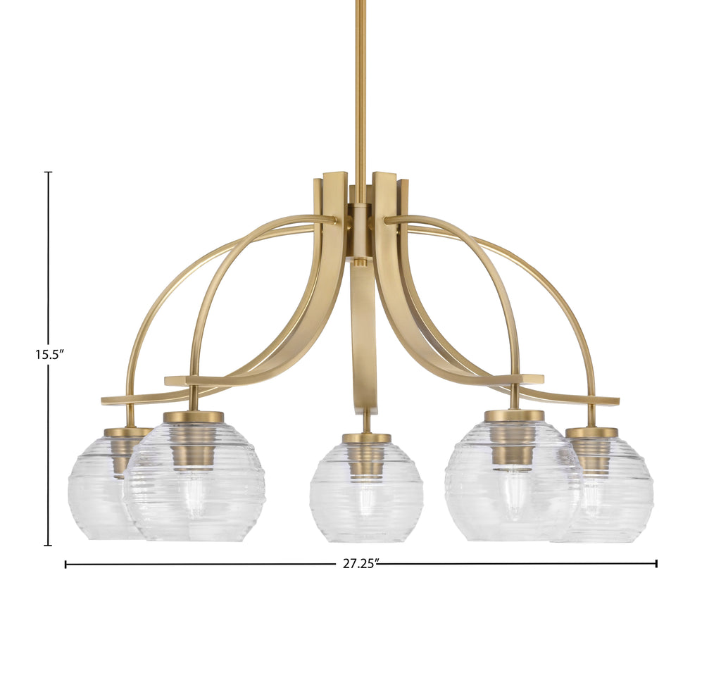 Cavella Five Light Chandelier in New Age Brass with 6" Clear Ribbed Shade