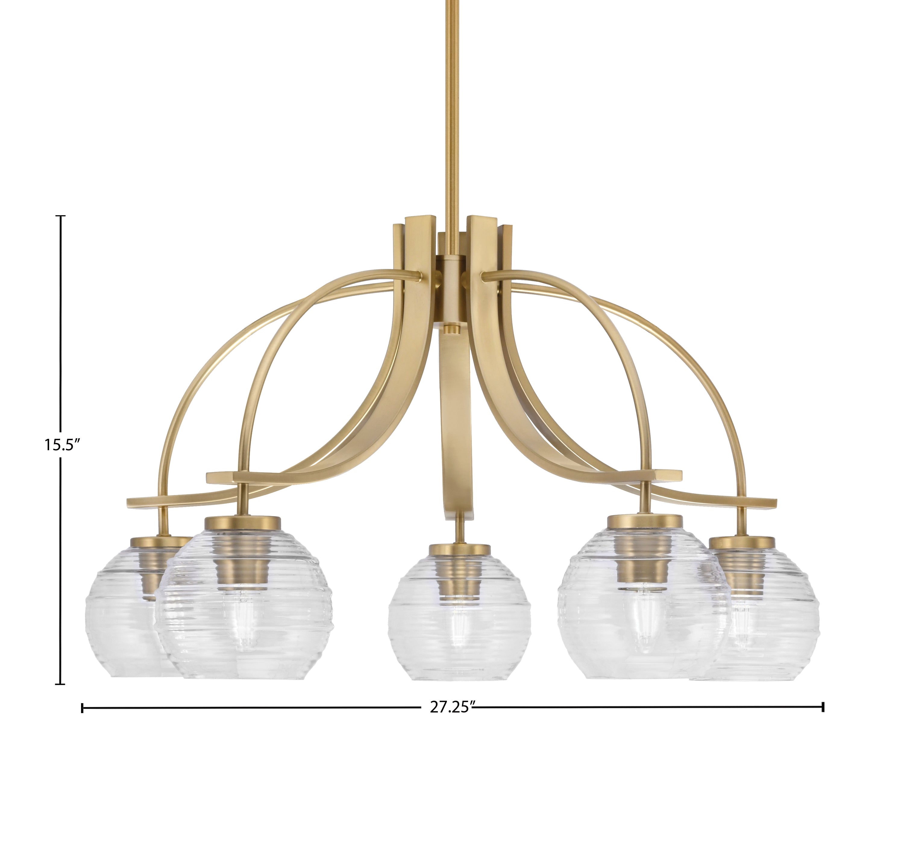 Cavella Five Light Chandelier in New Age Brass with 6" Clear Ribbed Shade