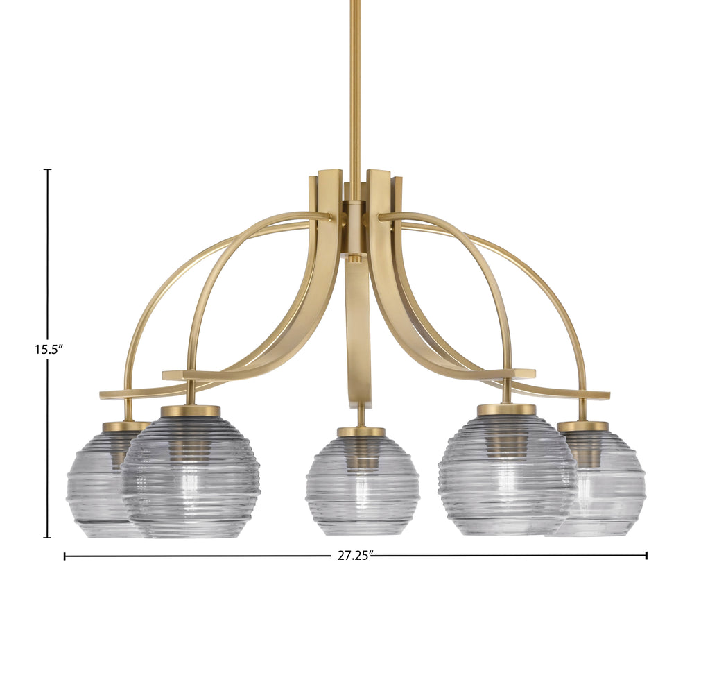Cavella Five Light Chandelier in New Age Brass with 6" Smoke Ribbed Shade