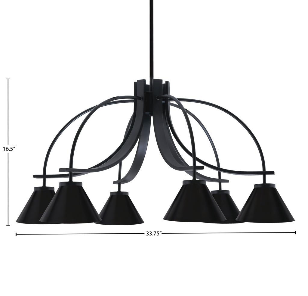 Cavella Six Light Chandelier in Matte Black with 7" Matte Black Cone Metal Shades Shade