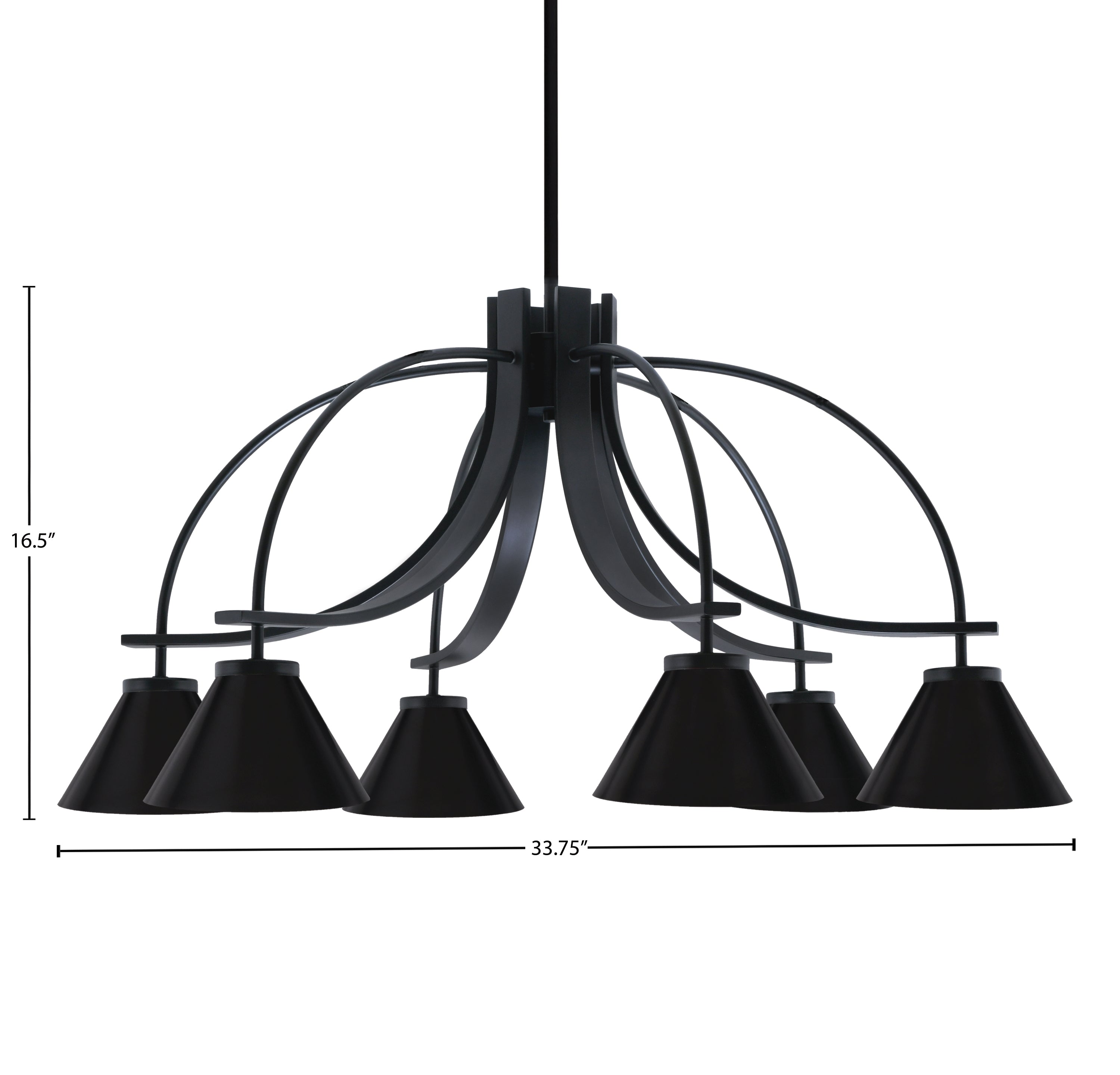 Cavella Six Light Chandelier in Matte Black with 7" Matte Black Cone Metal Shades Shade