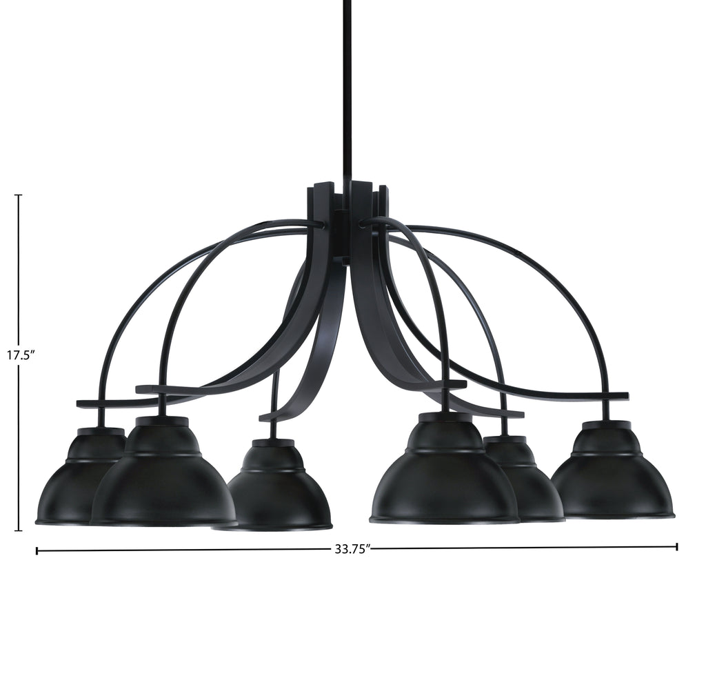 Cavella Six Light Chandelier in Matte Black with 7" Matte Black Double Bubble Metal Shades Shade