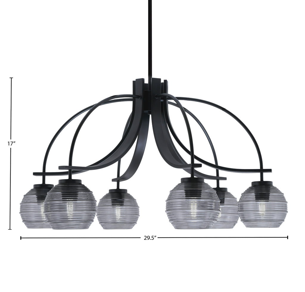 Cavella Six Light Chandelier in Matte Black with 6" Smoke Ribbed Shade