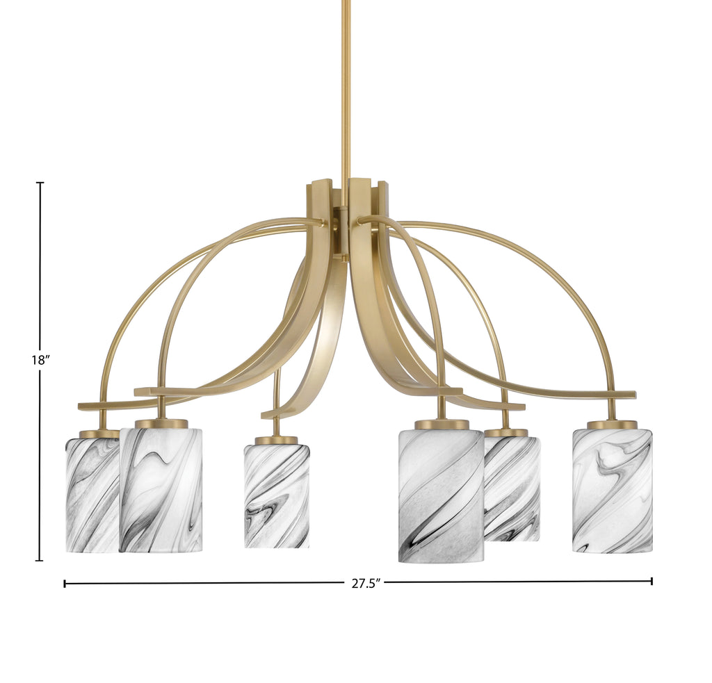 Cavella Six Light Chandelier in New Age Brass with 4" Onyx Swirl Shade
