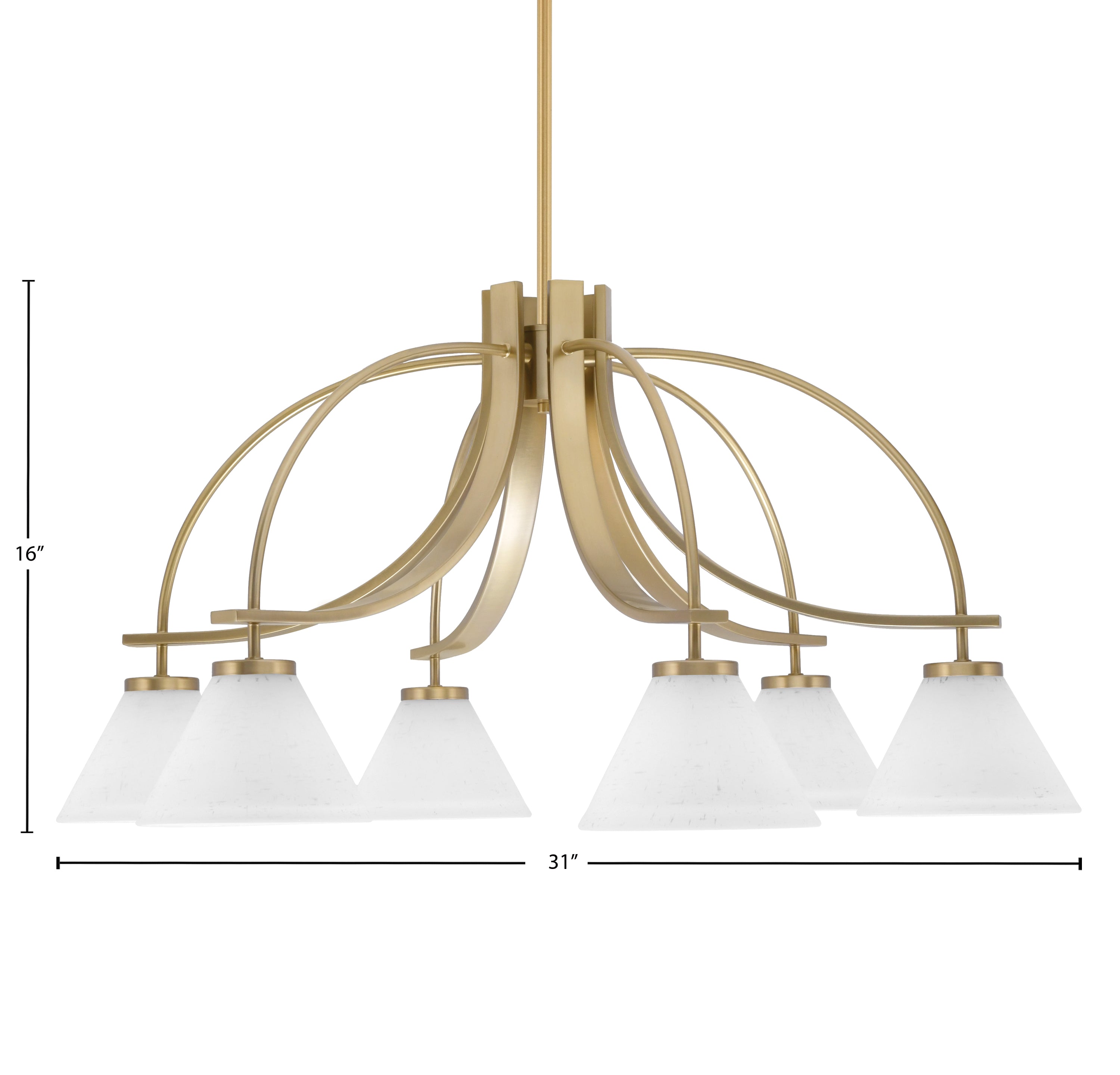 Cavella Six Light Chandelier in New Age Brass with 7" White Muslin Shade