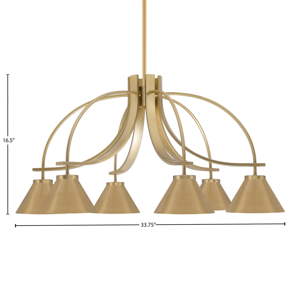 Cavella Six Light Chandelier in New Age Brass with 7" New Age Brass Cone Metal Shades Shade
