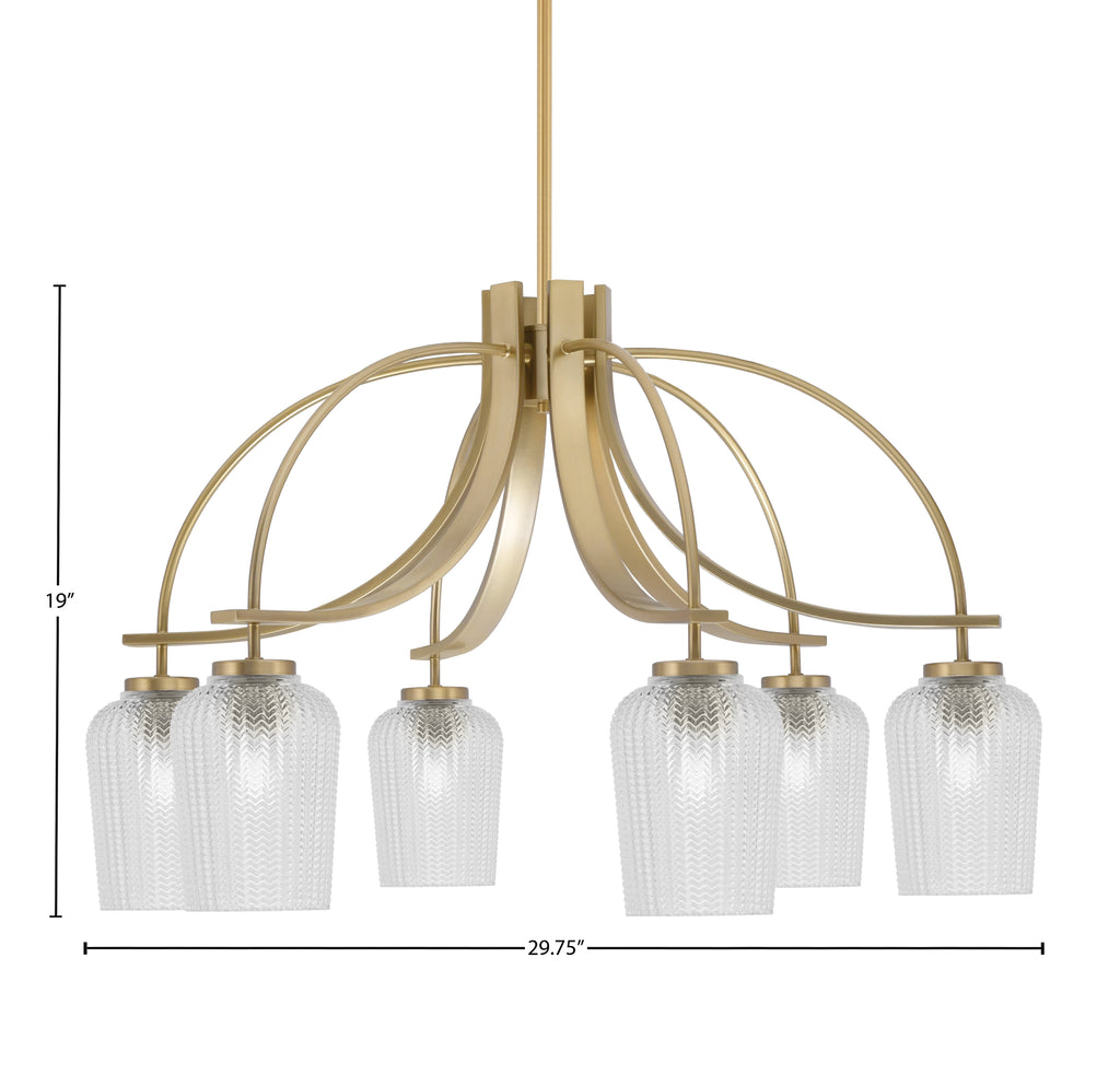 Cavella Six Light Chandelier in New Age Brass with 5" Clear Textured Shade