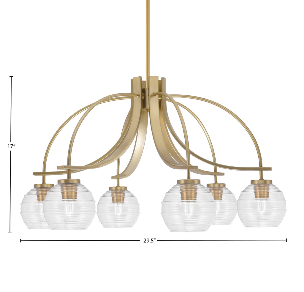 Cavella Six Light Chandelier in New Age Brass with 6" Clear Ribbed Shade