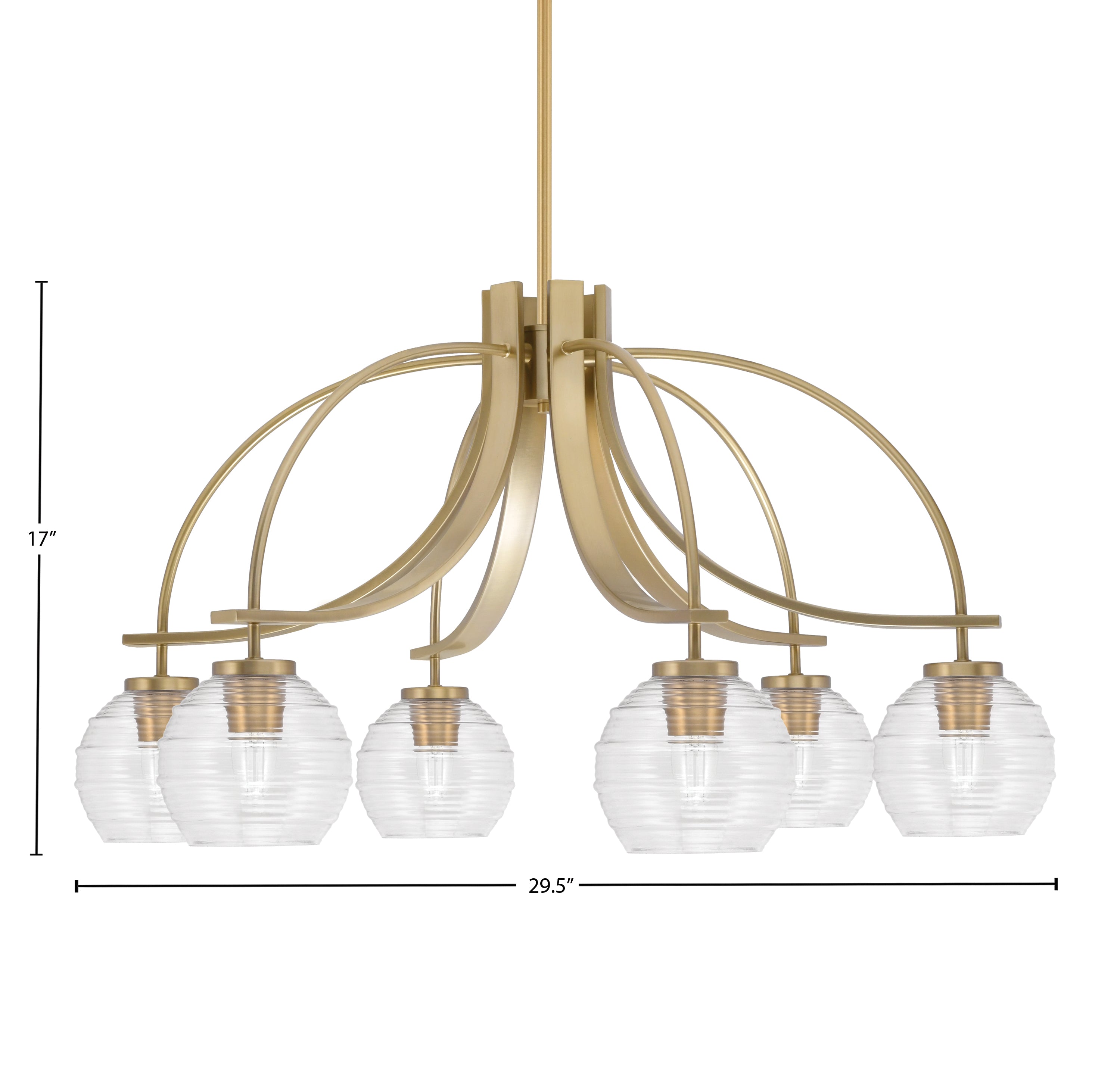 Cavella Six Light Chandelier in New Age Brass with 6" Clear Ribbed Shade