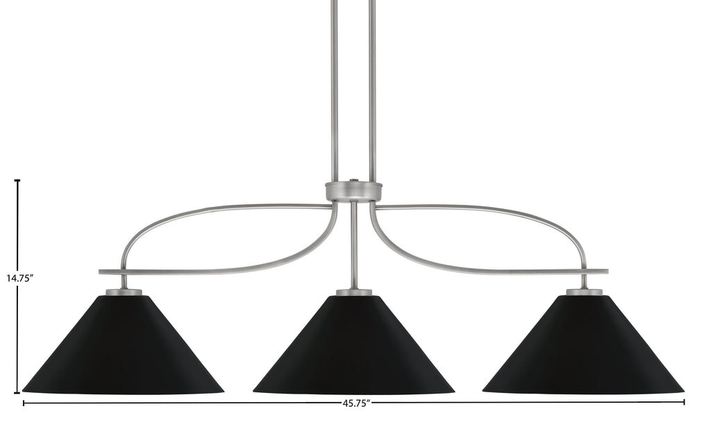 Cavella Three Light Island Pendant in Graphite with 14" Matte Black Cone Metal Shades Shade