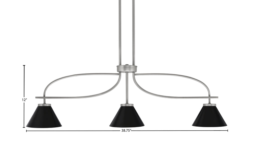 Cavella Three Light Island Pendant in Graphite with 7" Matte Black Cone Metal Shades Shade