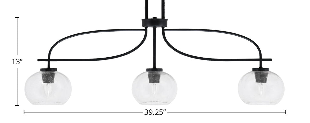 Cavella Three Light Island Pendant in Matte Black with 7" Clear Bubble Shade