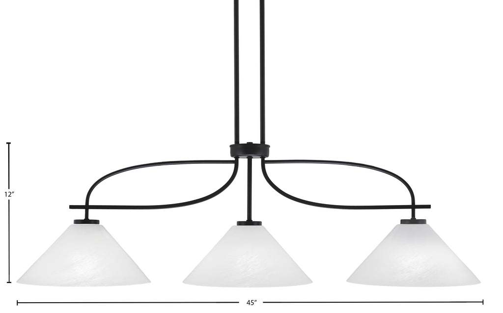 Cavella Three Light Island Pendant in Matte Black with 12" White Marble Shade