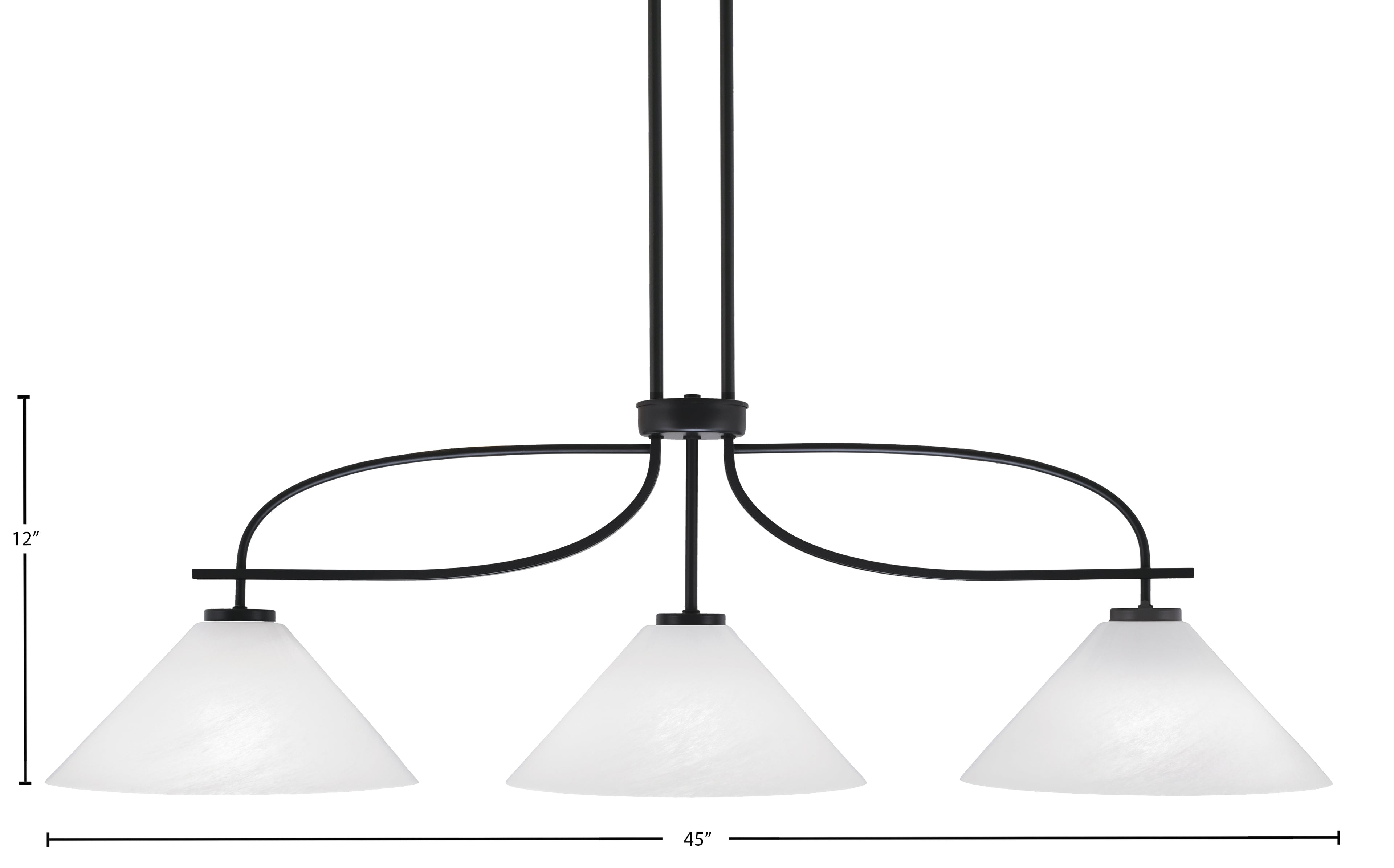 Cavella Three Light Island Pendant in Matte Black with 12" White Marble Shade
