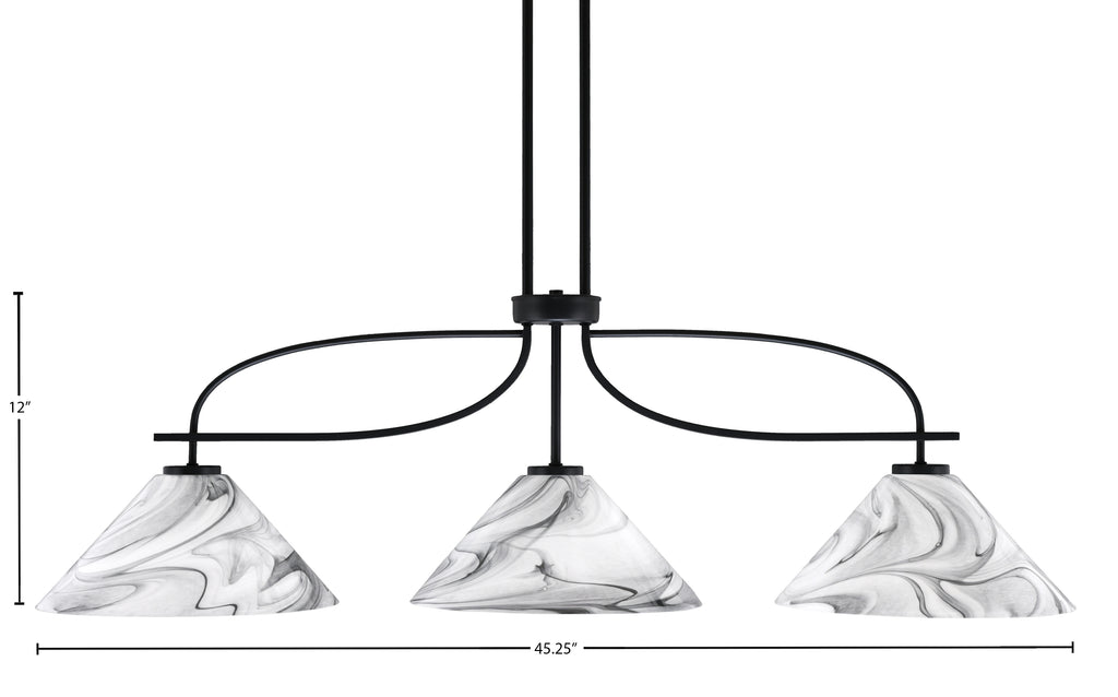 Cavella Three Light Island Pendant in Matte Black with 12" Onyx Swirl Shade