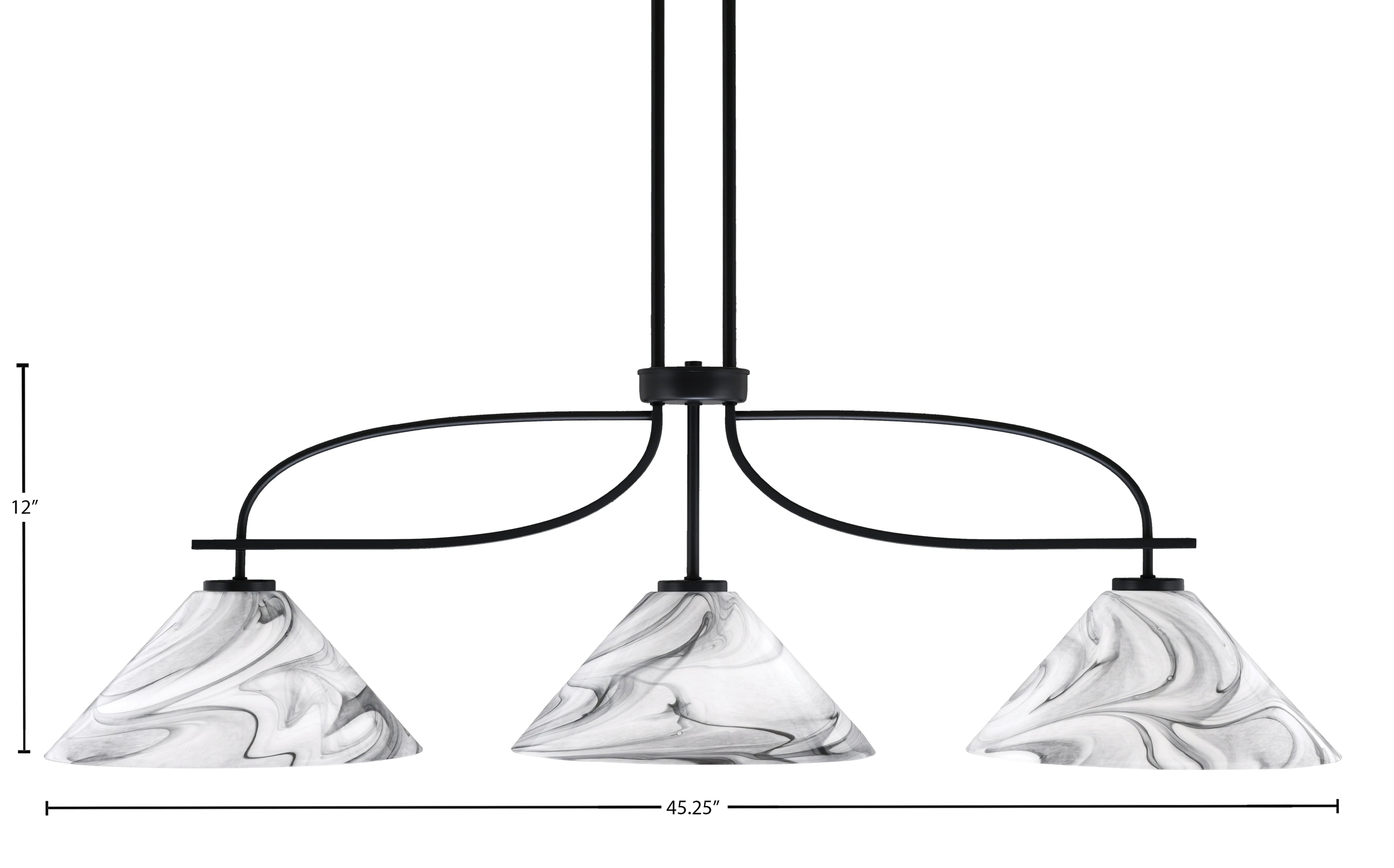 Cavella Three Light Island Pendant in Matte Black with 12" Onyx Swirl Shade