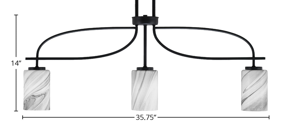 Cavella Three Light Island Pendant in Matte Black with 4" Onyx Swirl Shade