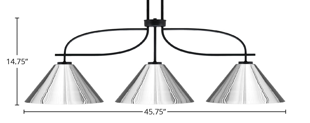Cavella Three Light Island Pendant in Matte Black with 14" Chrome Cone Metal Shade Shade
