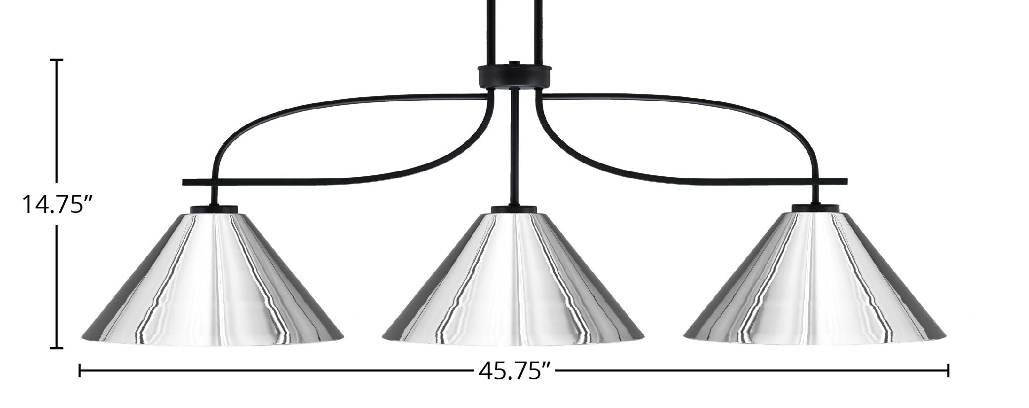 Cavella Three Light Island Pendant in Matte Black with 14" Chrome Cone Metal Shade Shade