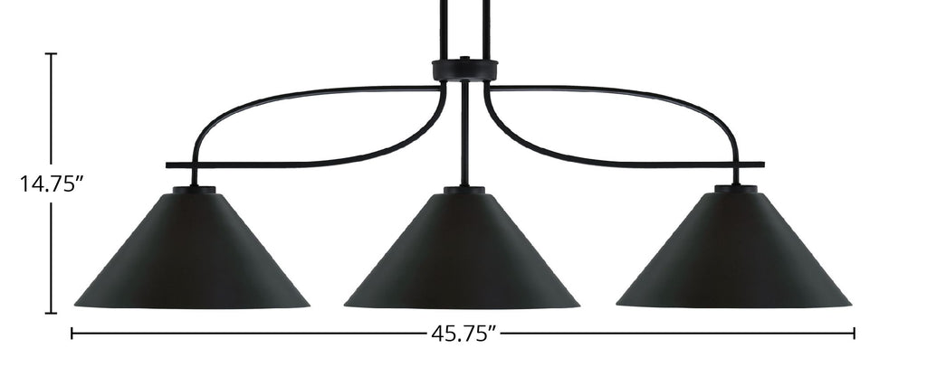 Cavella Three Light Island Pendant in Matte Black with 14" Matte Black Cone Metal Shade Shade