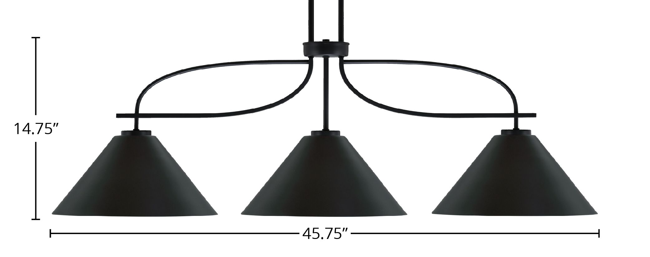 Cavella Three Light Island Pendant in Matte Black with 14" Matte Black Cone Metal Shade Shade