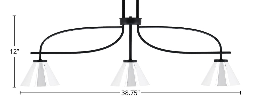 Cavella Three Light Island Pendant in Matte Black with 7" Chrome Cone Metal Shade Shade