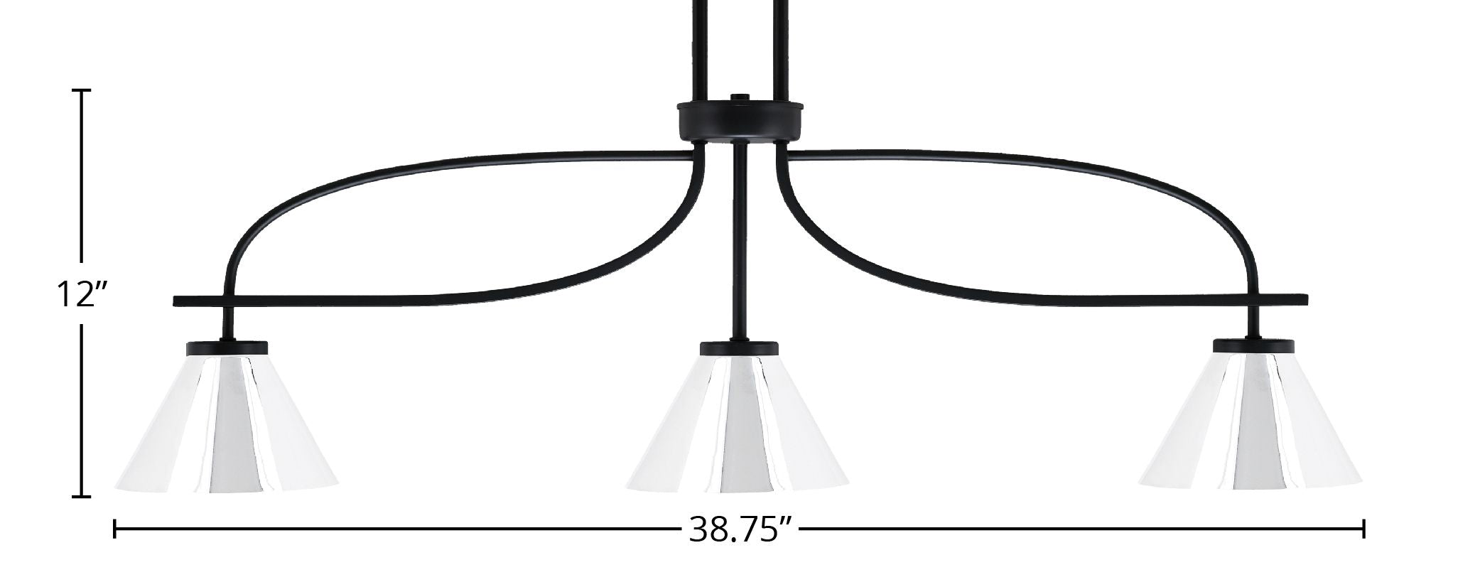 Cavella Three Light Island Pendant in Matte Black with 7" Chrome Cone Metal Shade Shade