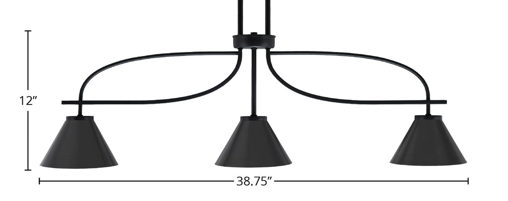 Cavella Three Light Island Pendant in Matte Black with 7" Matte Black Cone Metal Shade Shade