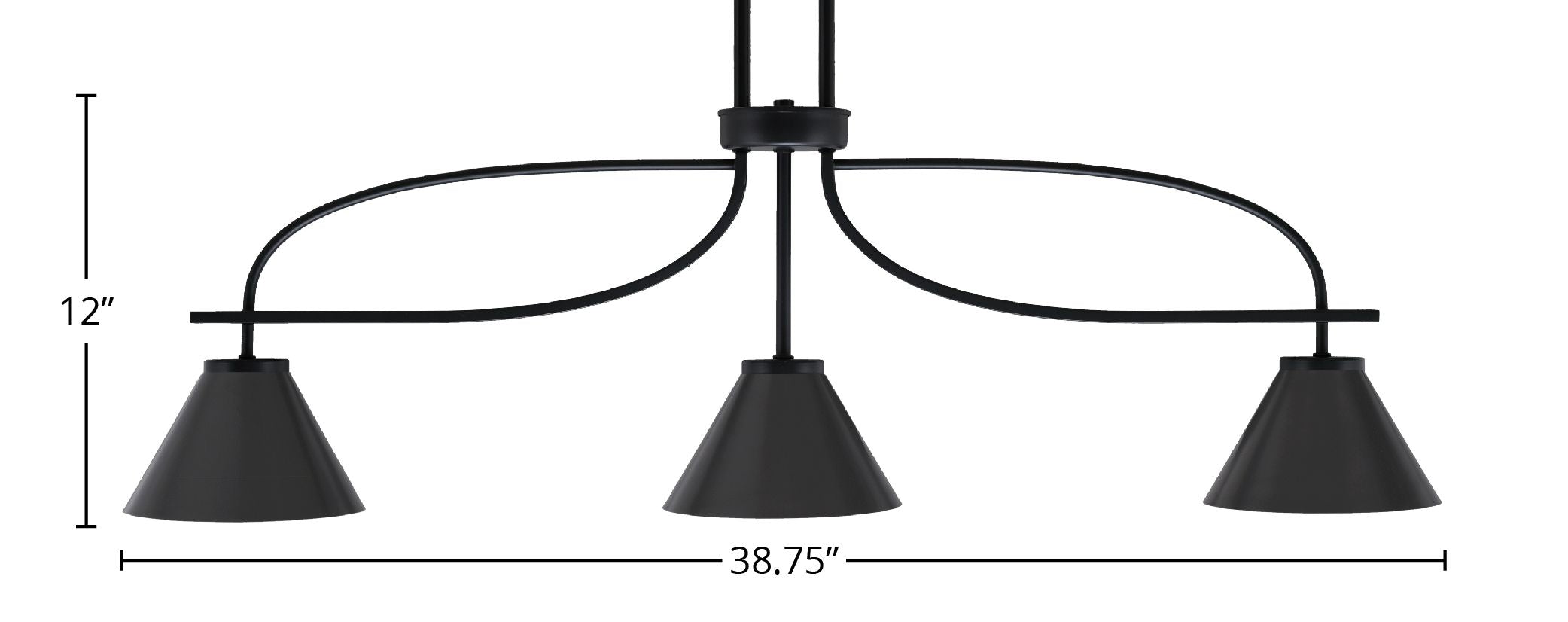Cavella Three Light Island Pendant in Matte Black with 7" Matte Black Cone Metal Shade Shade