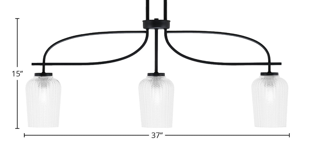 Cavella Three Light Island Pendant in Matte Black with 5" Clear Textured Shade