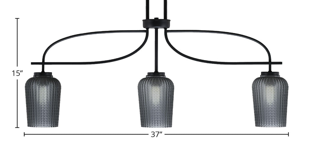 Cavella Three Light Island Pendant in Matte Black with 5" Smoke Textured Shade