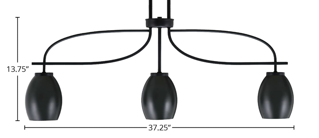 Cavella Three Light Island Pendant in Matte Black with 5" Matte Black Oval Metal Shade Shade