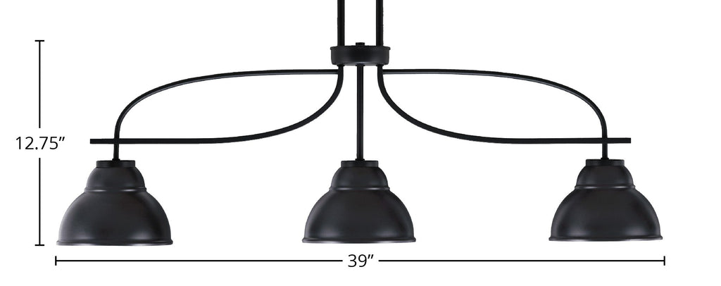 Cavella Three Light Island Pendant in Matte Black with 7" Matte Black Double Bubble Metal Shade Shade