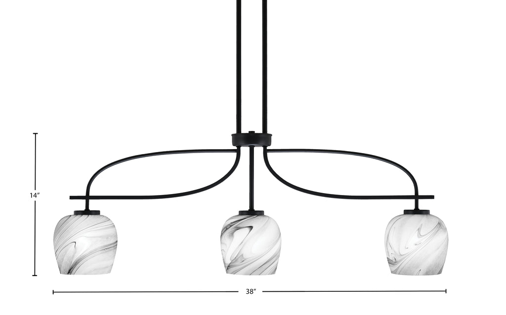 Cavella Three Light Island Pendant in Matte Black with 6" Onyx Swirl Shade