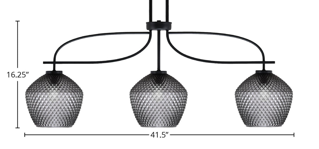 Cavella Three Light Island Pendant in Matte Black with 9" Smoke Textured Shade
