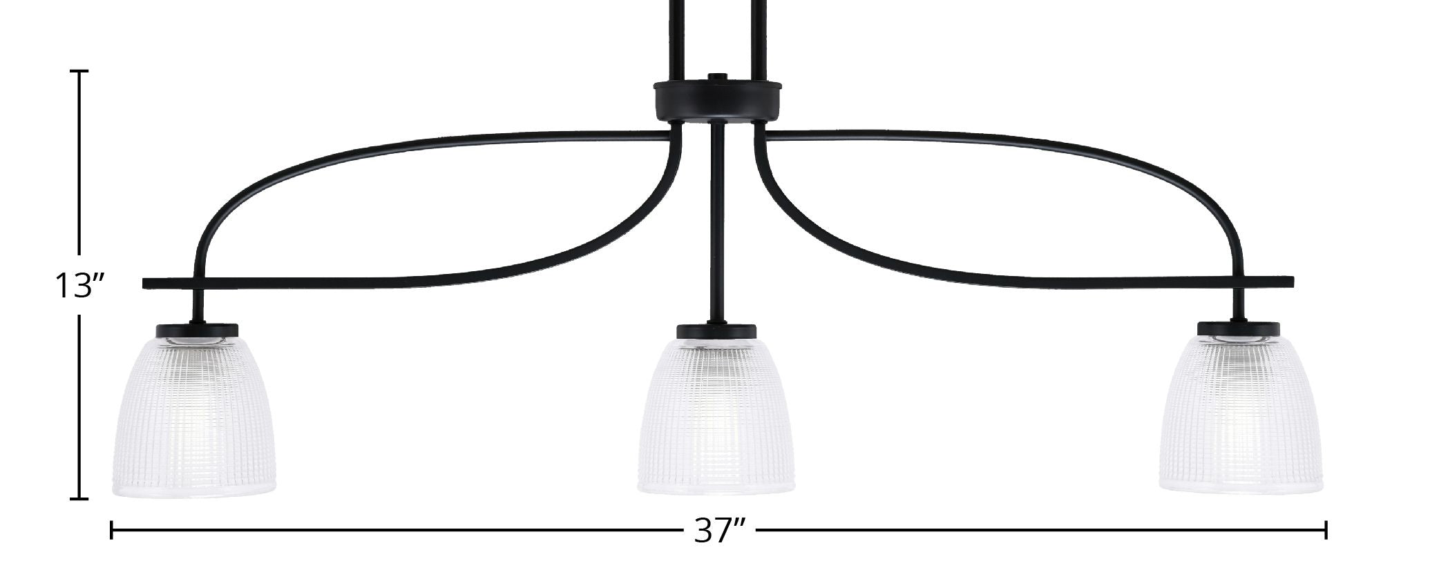 Cavella Three Light Island Pendant in Matte Black with 5" Clear Ribbed Shade