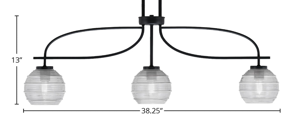Cavella Three Light Island Pendant in Matte Black with 6" Clear Ribbed Glass Shade